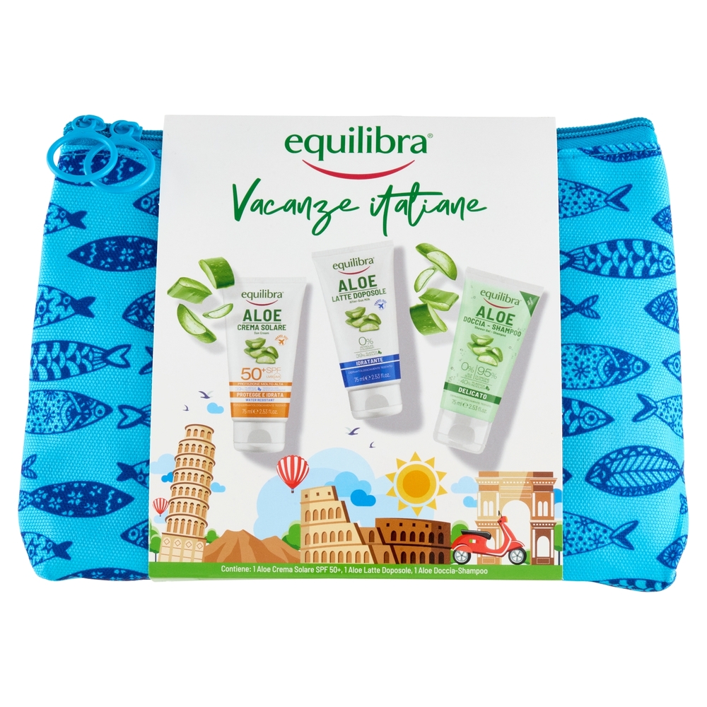 equilibra Vacanze italiane Aloe Crema Solare SPF50+ 75ml, Latte Doposole 75ml e Doccia-Shampoo 75ml